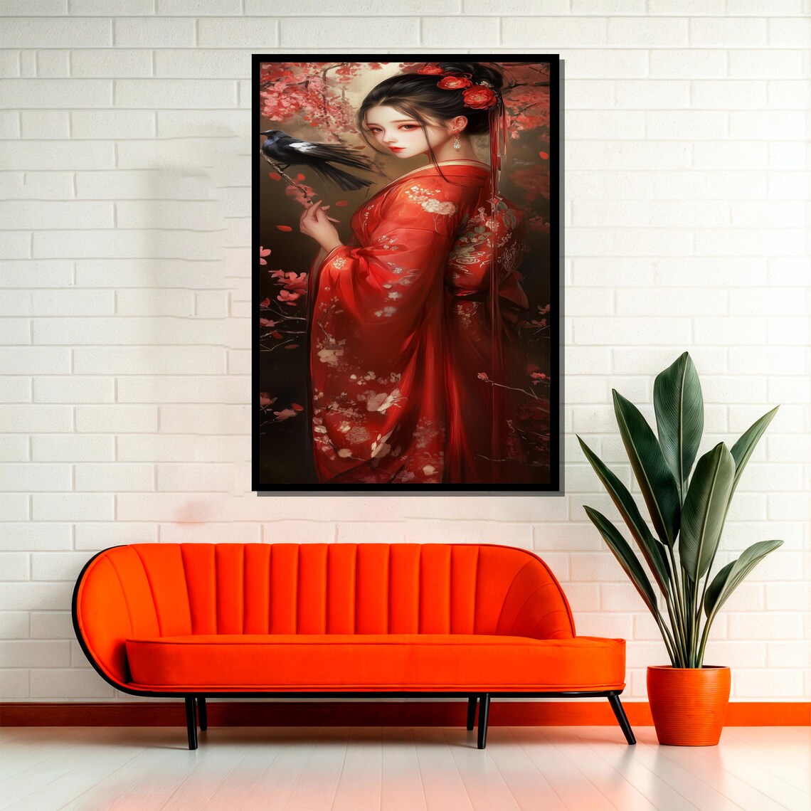 Romantic Japanese Woman In Red Kimono, Cherry Blossom - Image 2