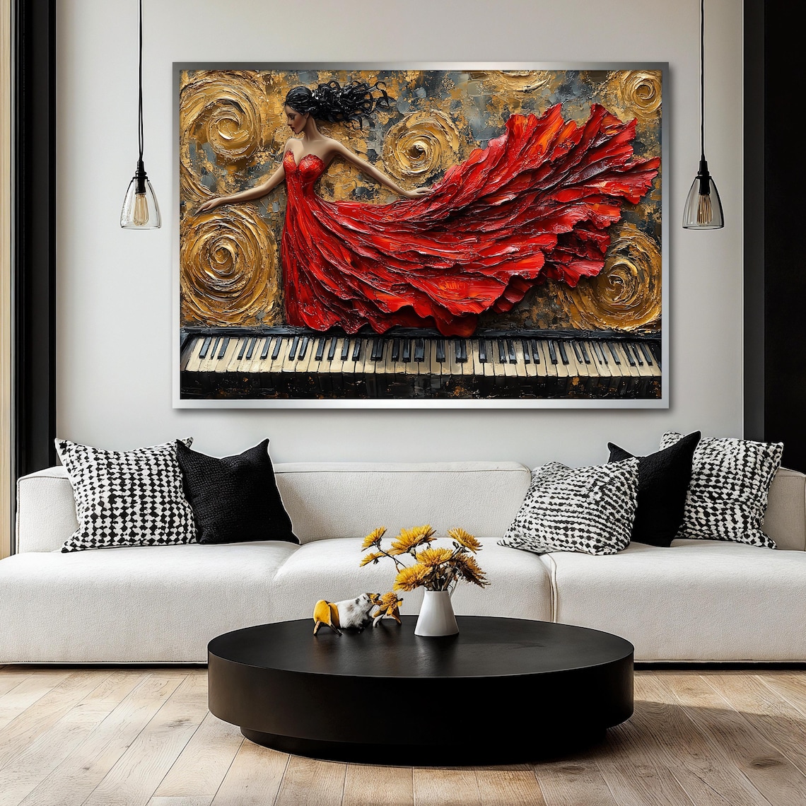 Elegant Lady In Flowing Red Dress On Piano - Image 2