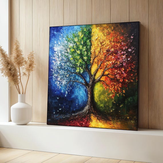 Four Seasons Tree Painting Colorful Nature Wall Art Abstract Seasonal Wall Decor For Living Room Modern Wall Decoration Art Gift