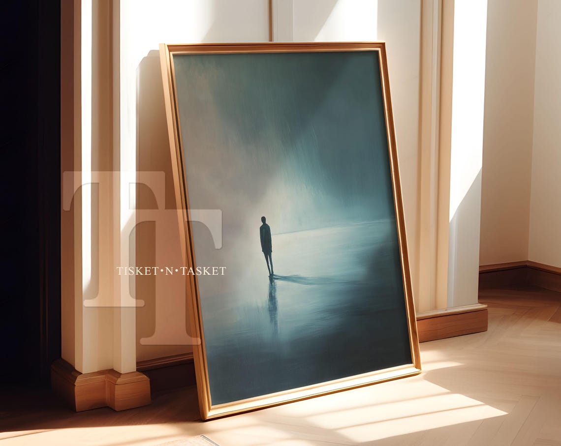 Blue Tones Minimalist Painting Of Lone Figure Walking Into Mist Print