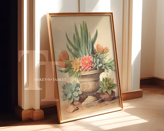 Vintage Succulent Botanical Illustration Stone Urn Cactus Art Print
