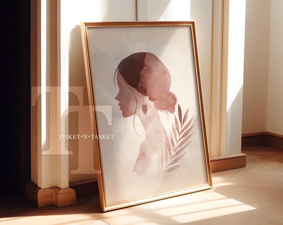 Simple Boho Botanical Female Silohoutte Portrait Watercolor Print Wall Art