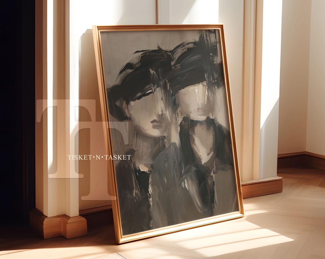 Abstract Faces Painting Neutral Grey Black Modern Portrait Wall Art