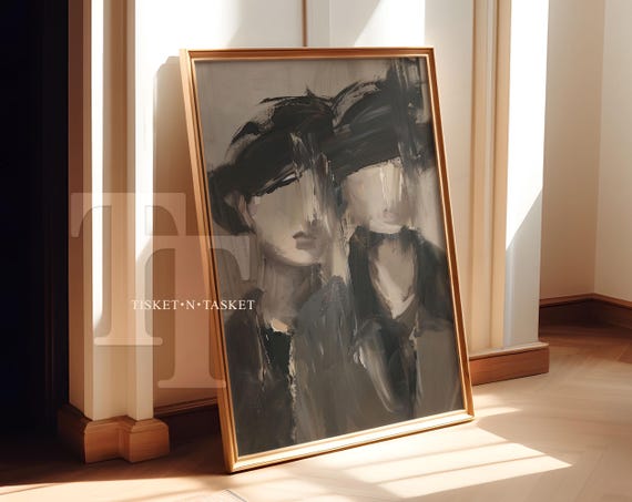 Neutral Tone Contemporary Abstract Painting Of Two Women Vertical Wall Art