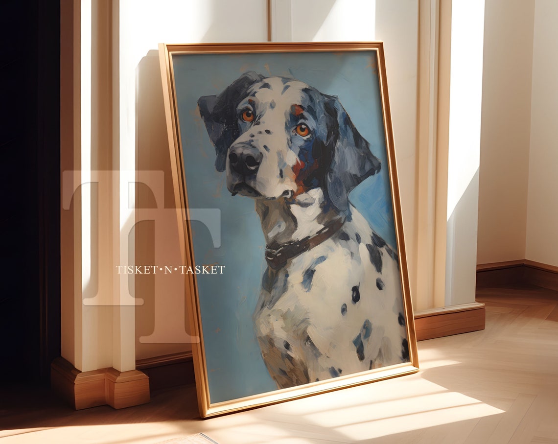 Dalmatian Dog Portrait Oil Painting Blue Background Wall Art