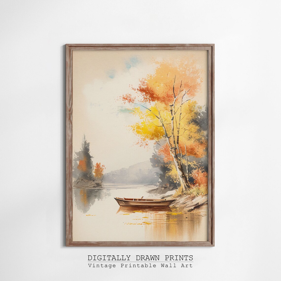Autumn Lake Birch Rowboat Misty Morning Watercolor Fall Landscape Poster - Image 3