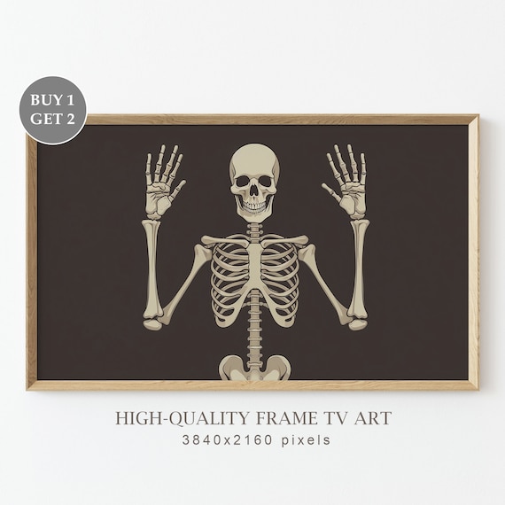 Smiling Skeleton With Raised Hands Modern Halloween Spooky Goth Poster