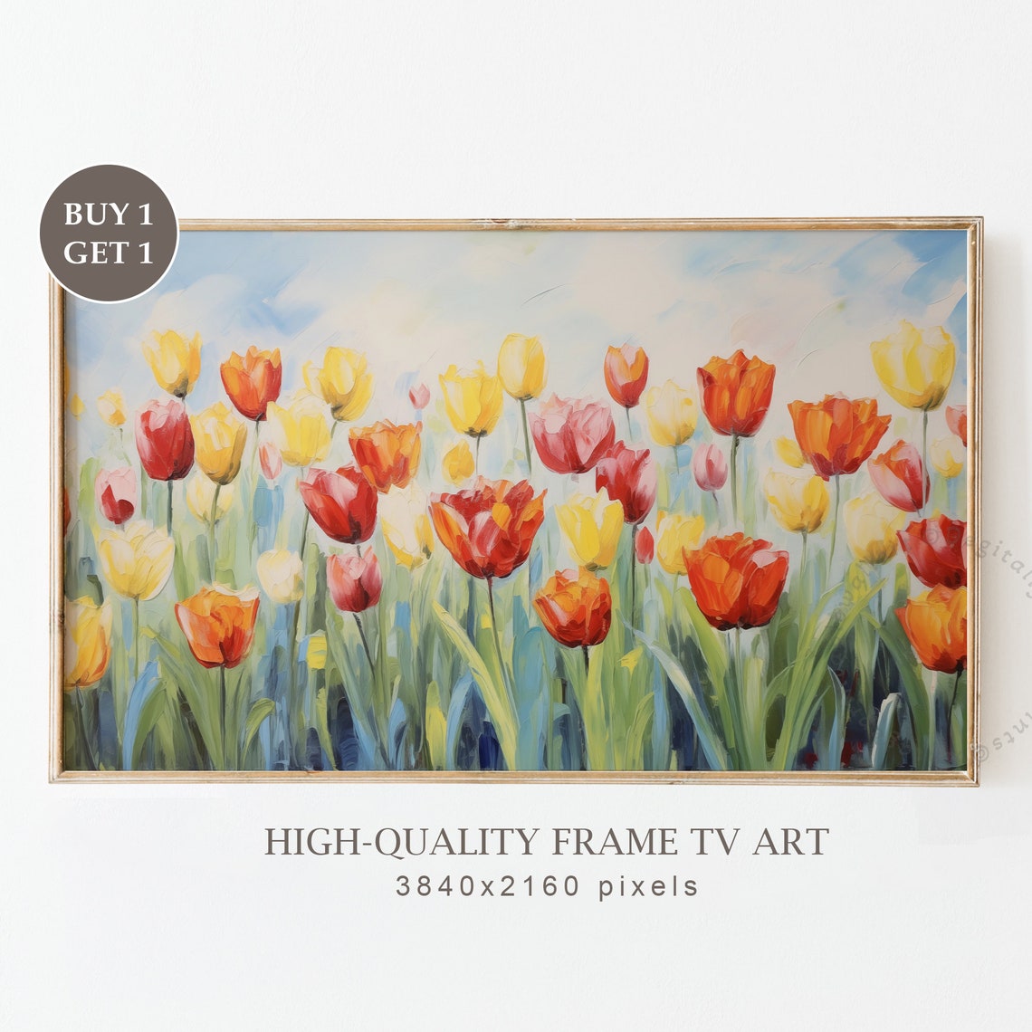 Red Yellow Orange Tulips Under Blue Sky Spring Field Art Print