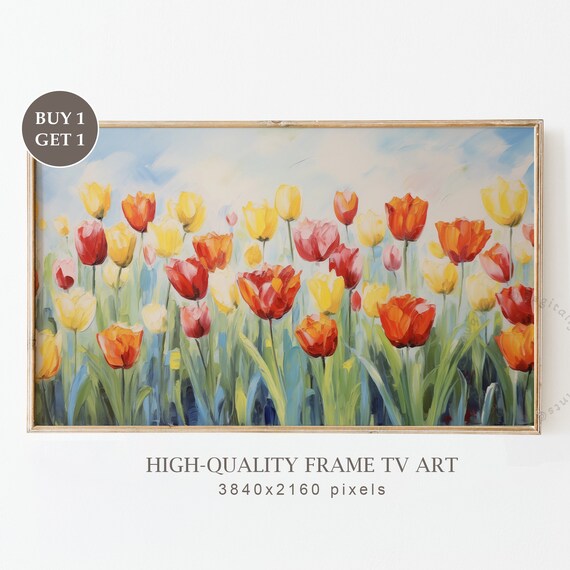 Red Yellow Orange Tulips Under Blue Sky Spring Field Art Print