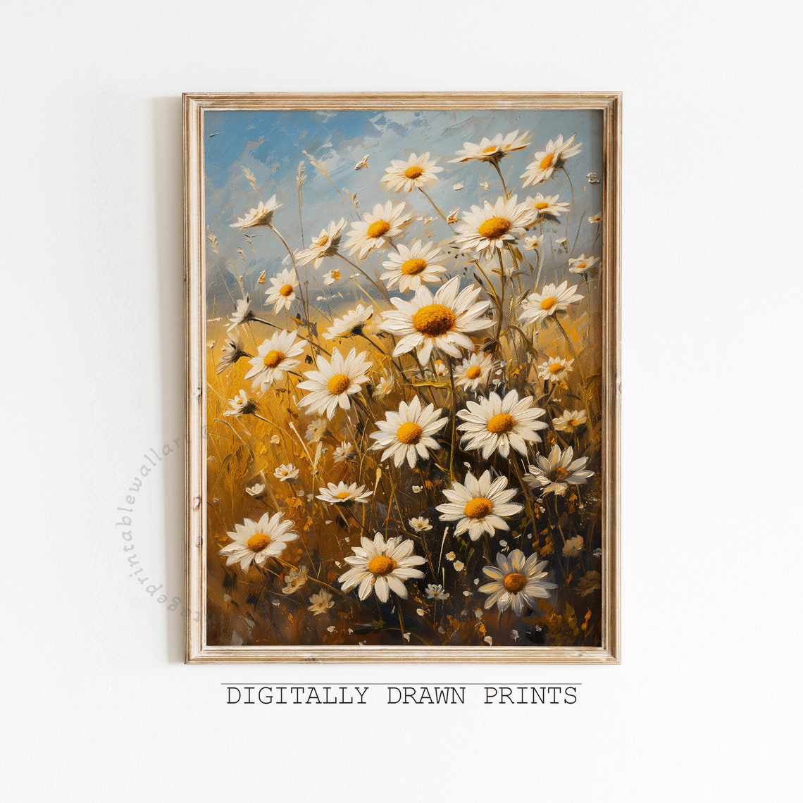 White Daisies Golden Field Blue Sky Vintage Wildflower Oil Print