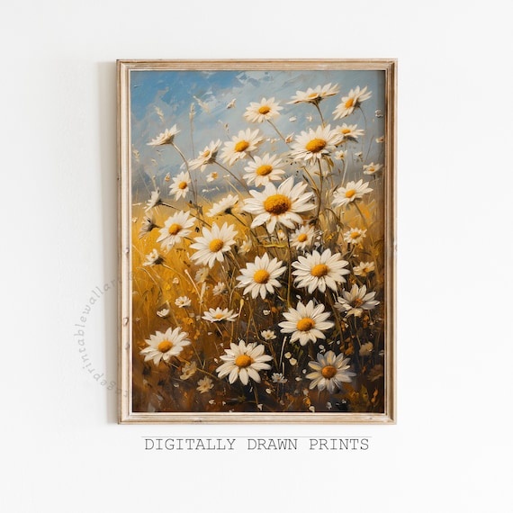 White Daisies Golden Field Blue Sky Vintage Wildflower Oil Print