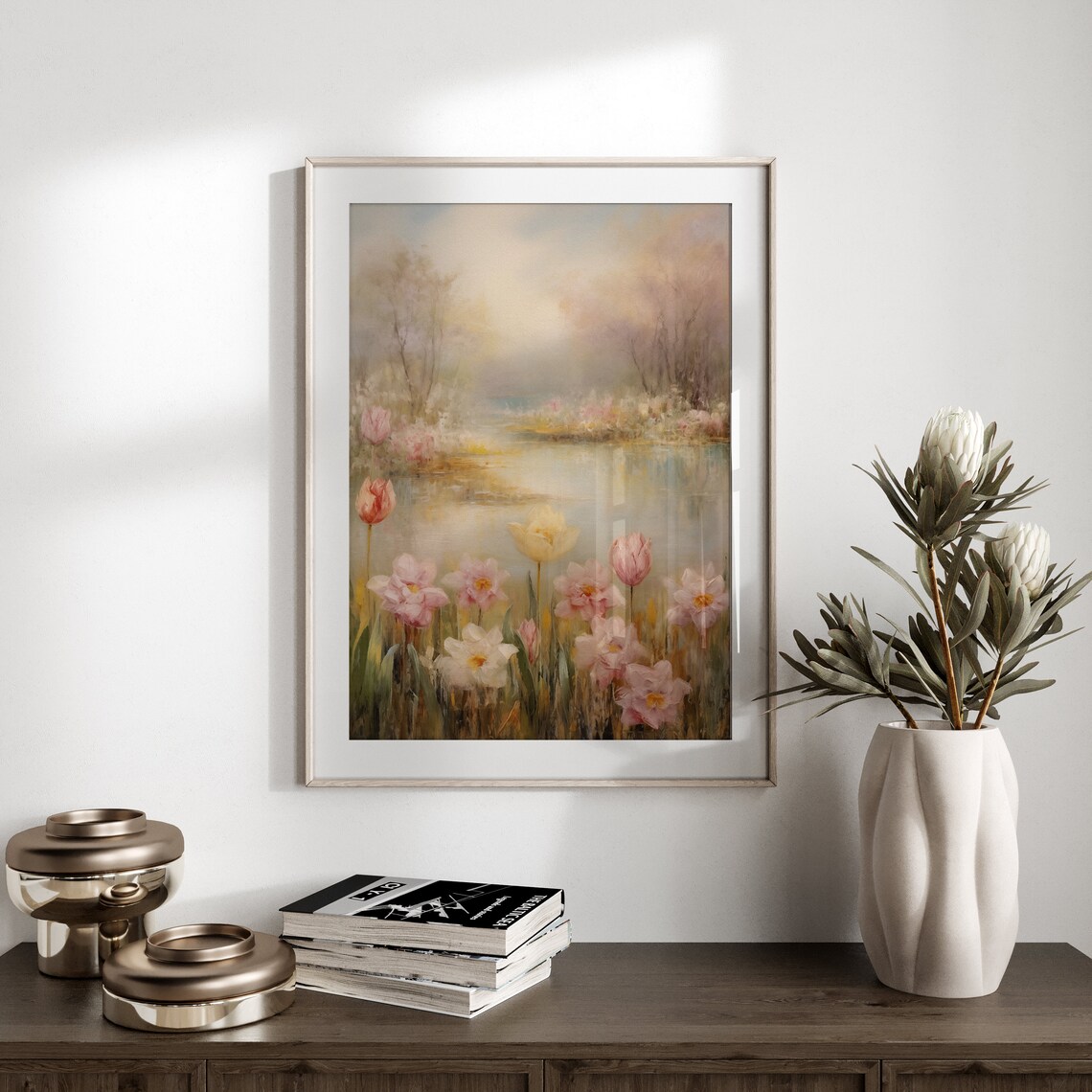 Pink Tulips By Misty Lake Spring Blossom Landscape Oil Art Print - Image 2