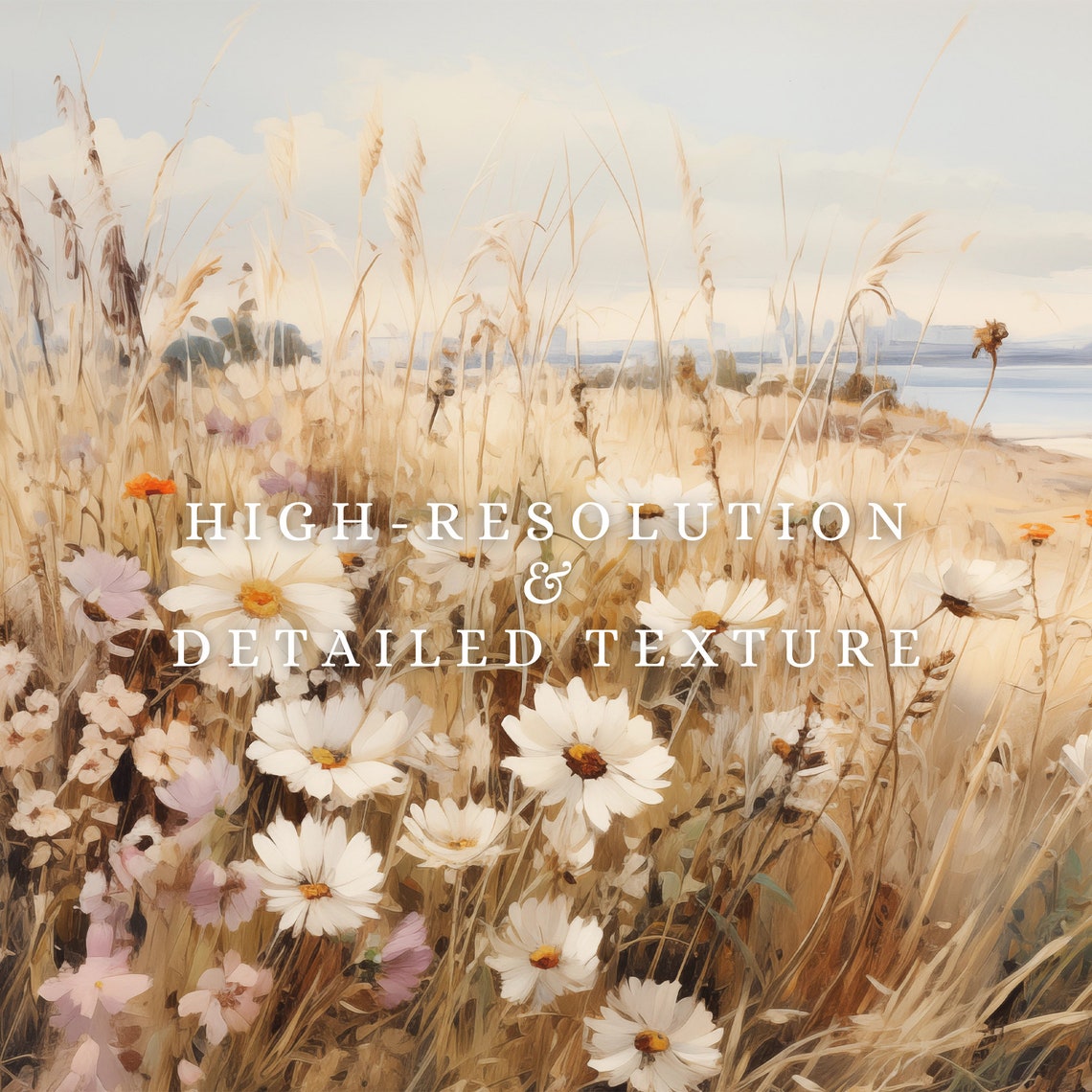 White Daisy Golden Grass Meadow Lake Shore Spring Field Wall Art - Image 3