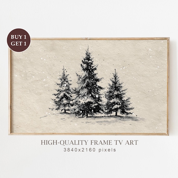 Snowy Pine Trees Ink Sketch Minimalist Winter Drawing Wall Art