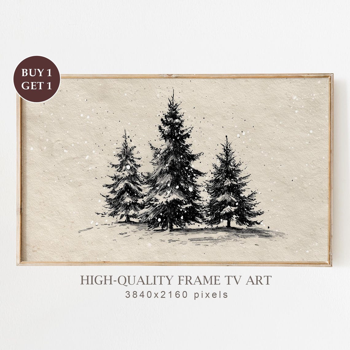 Snowy Pine Trees Ink Sketch Minimalist Winter Drawing Wall Art