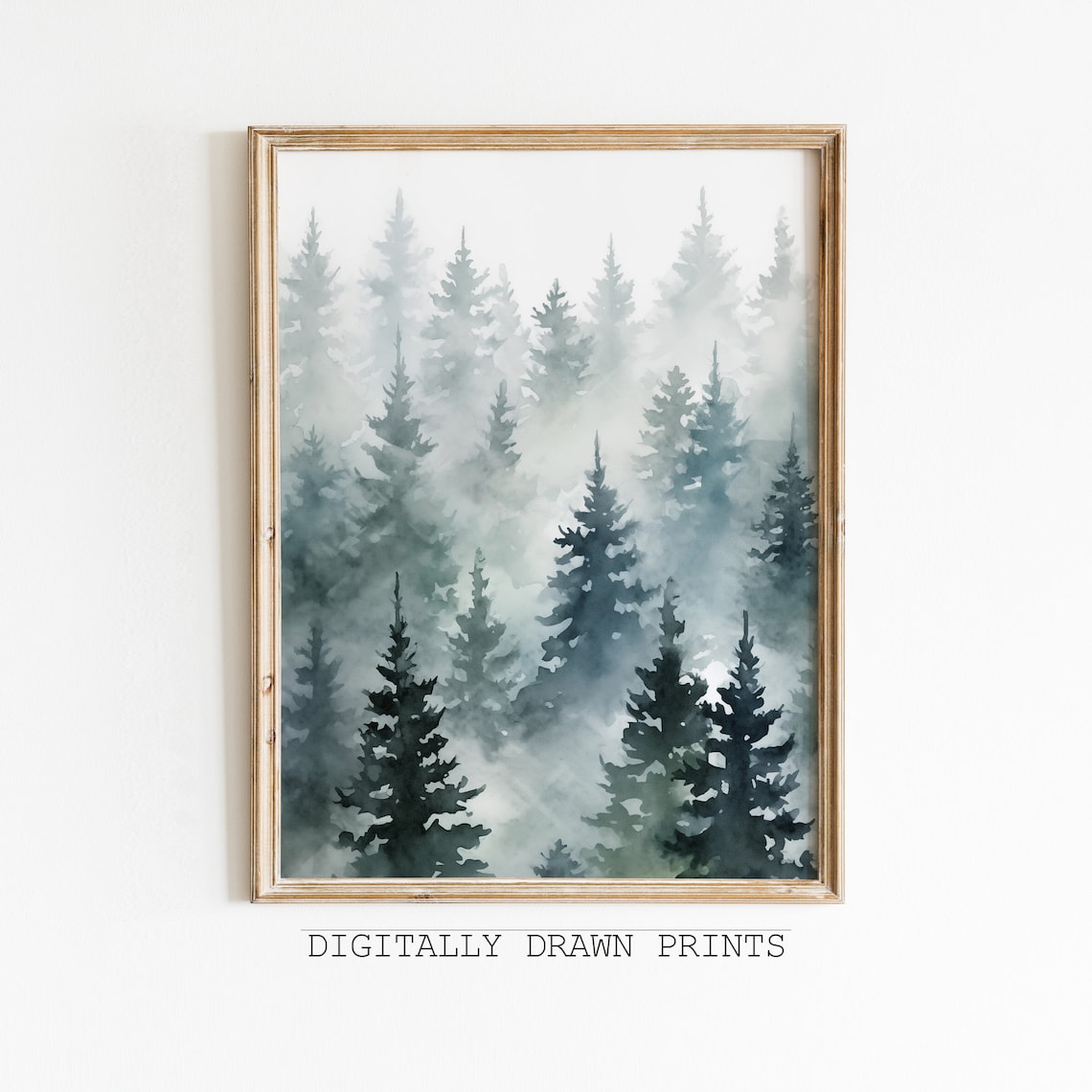 Misty Pine Forest Watercolor Foggy Evergreen Trees Neutral Wall Art Print