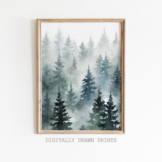 Misty Pine Forest Watercolor Foggy Evergreen Trees Neutral Wall Art Print