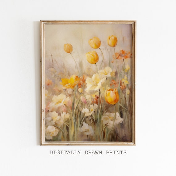Spring Wildflowers Art Print, Warm Tone Landscape