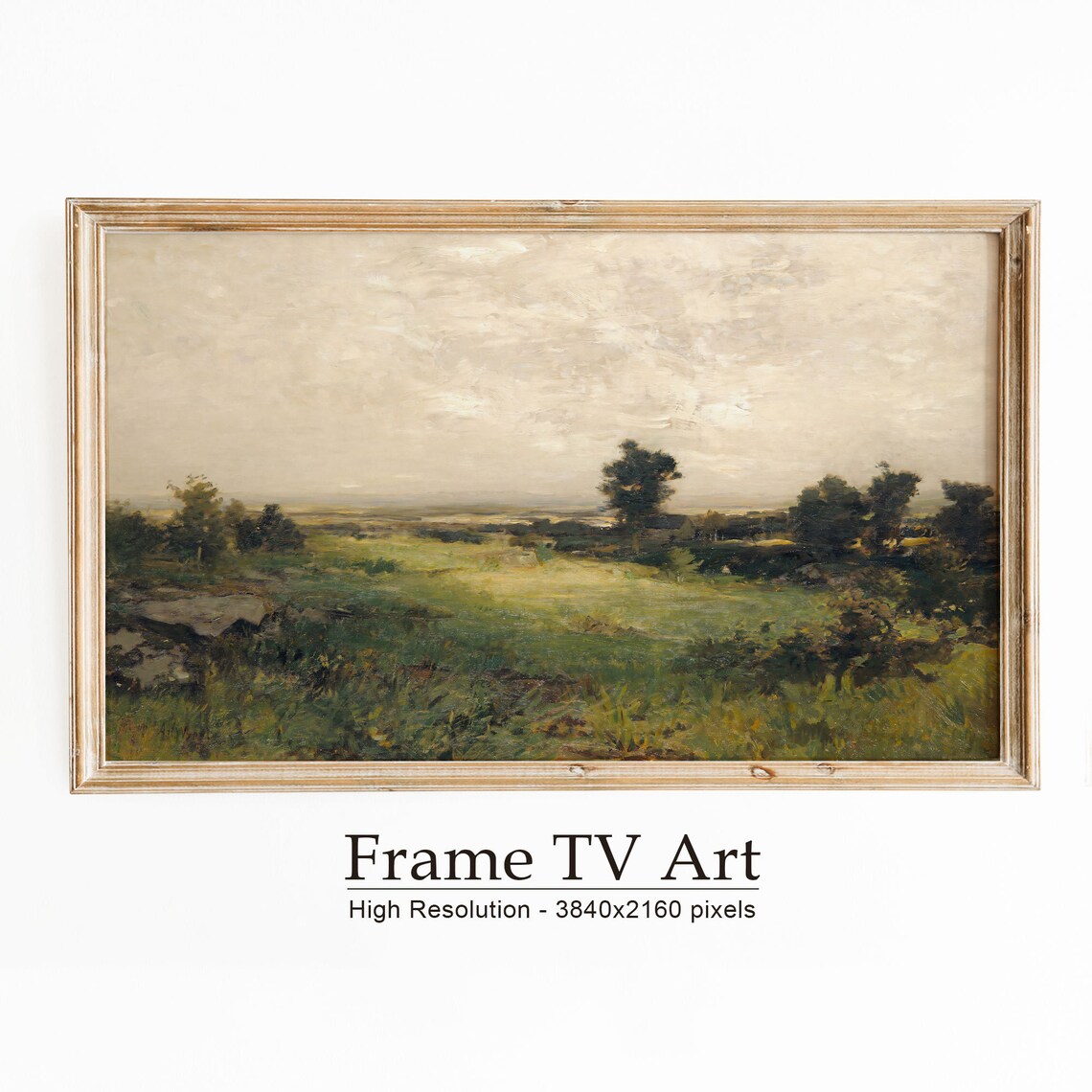 Sunlit Green Meadow Trees Soft Cloudy Sky Vintage Landscape Painting Poster