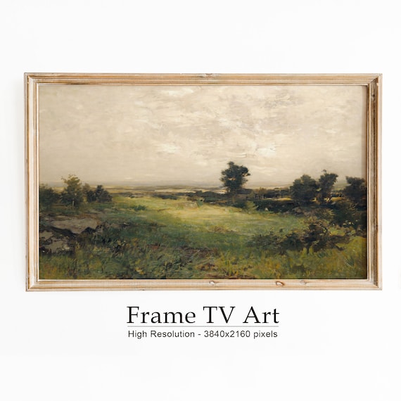Sunlit Green Meadow Trees Soft Cloudy Sky Vintage Landscape Painting Poster