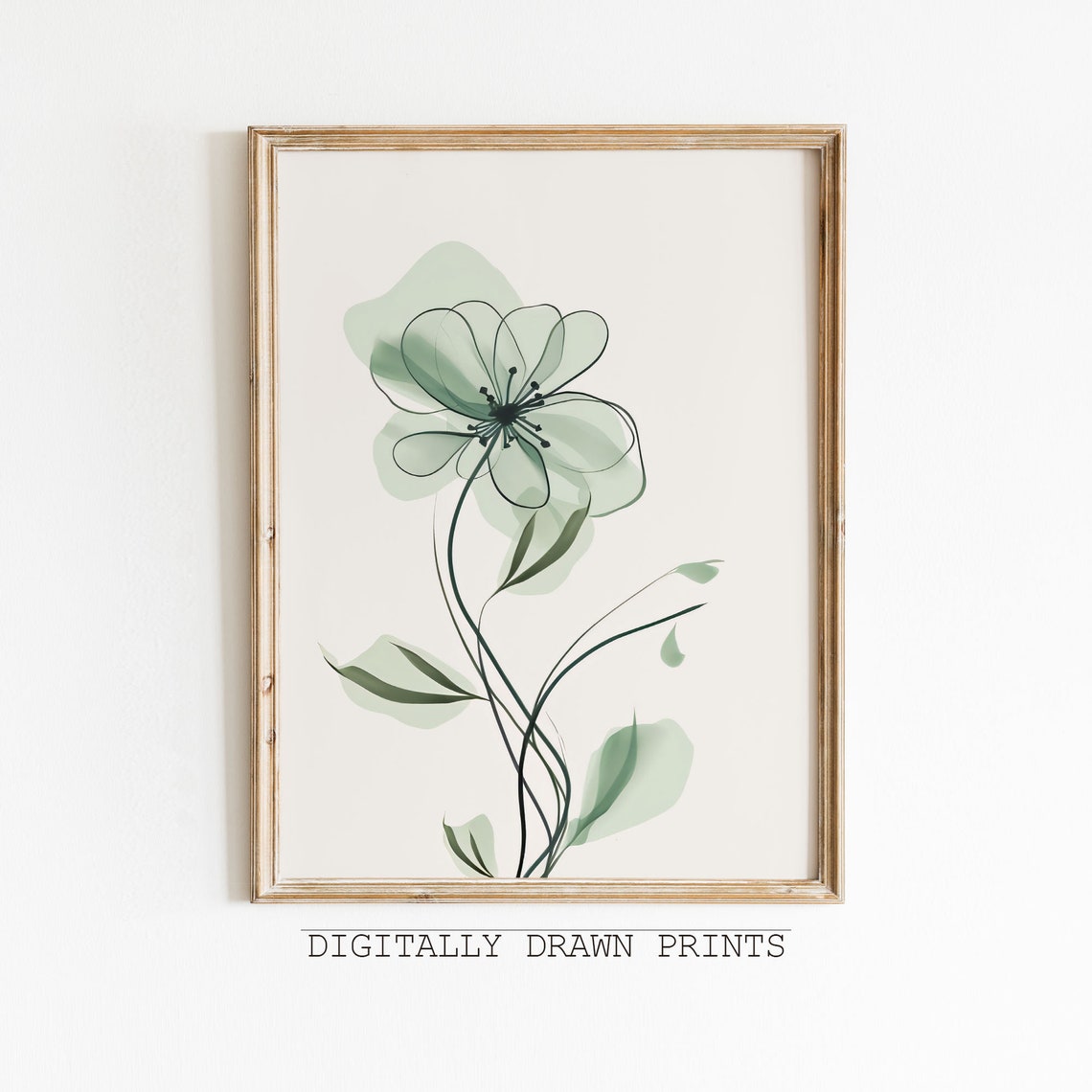 Sage Green Translucent Flower Line Illustration Boho Botanical Print
