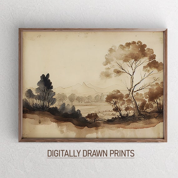Rustic Muted Landscape Painting, Vintage Neutral