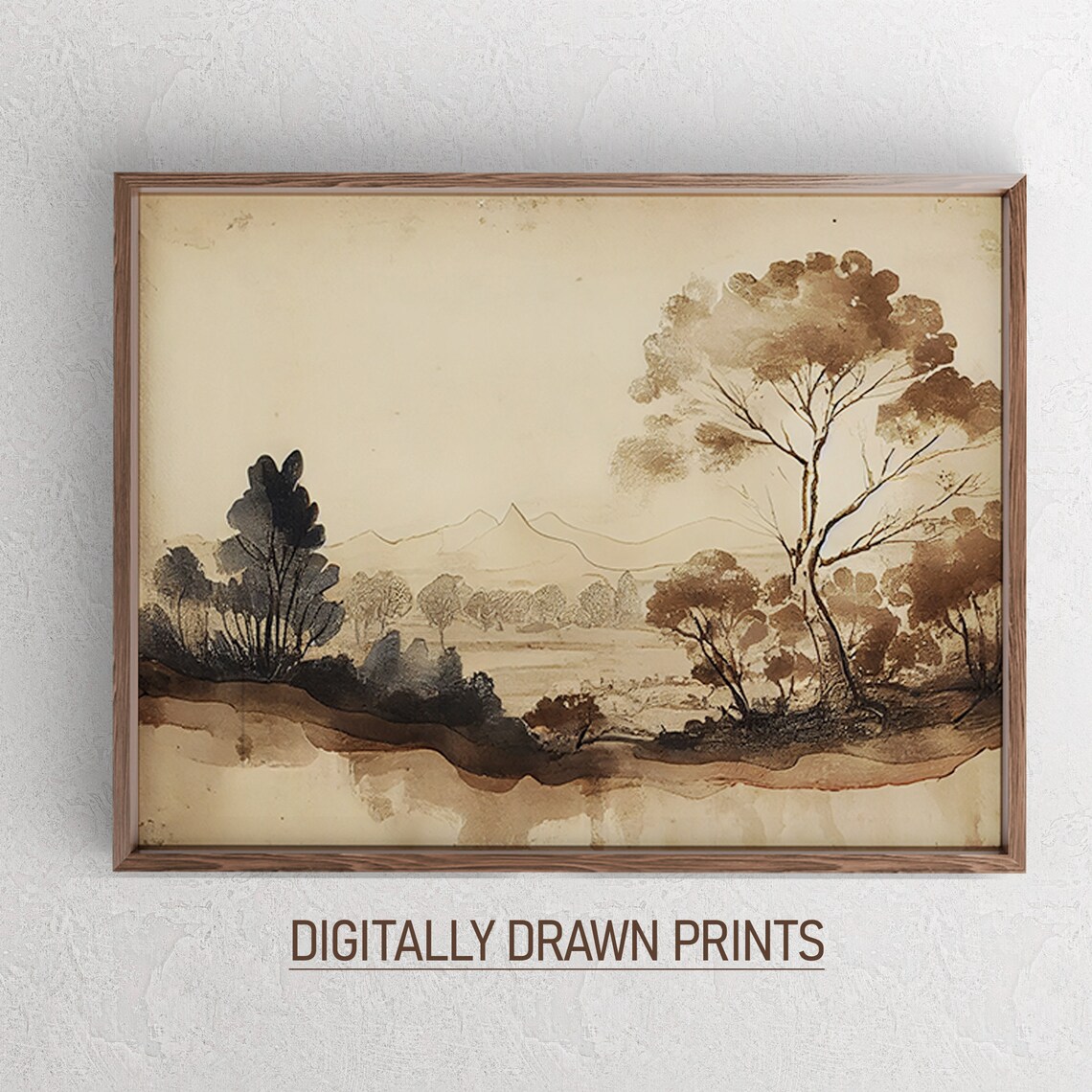 Rustic Muted Landscape Painting, Vintage Neutral