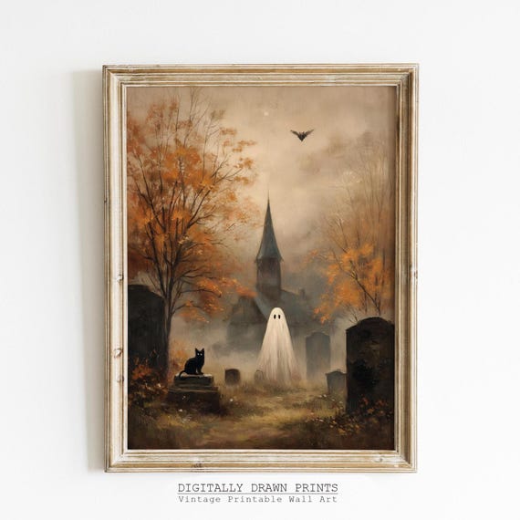 Cute Halloween Graveyard Gothic Autumn Cat Art Print