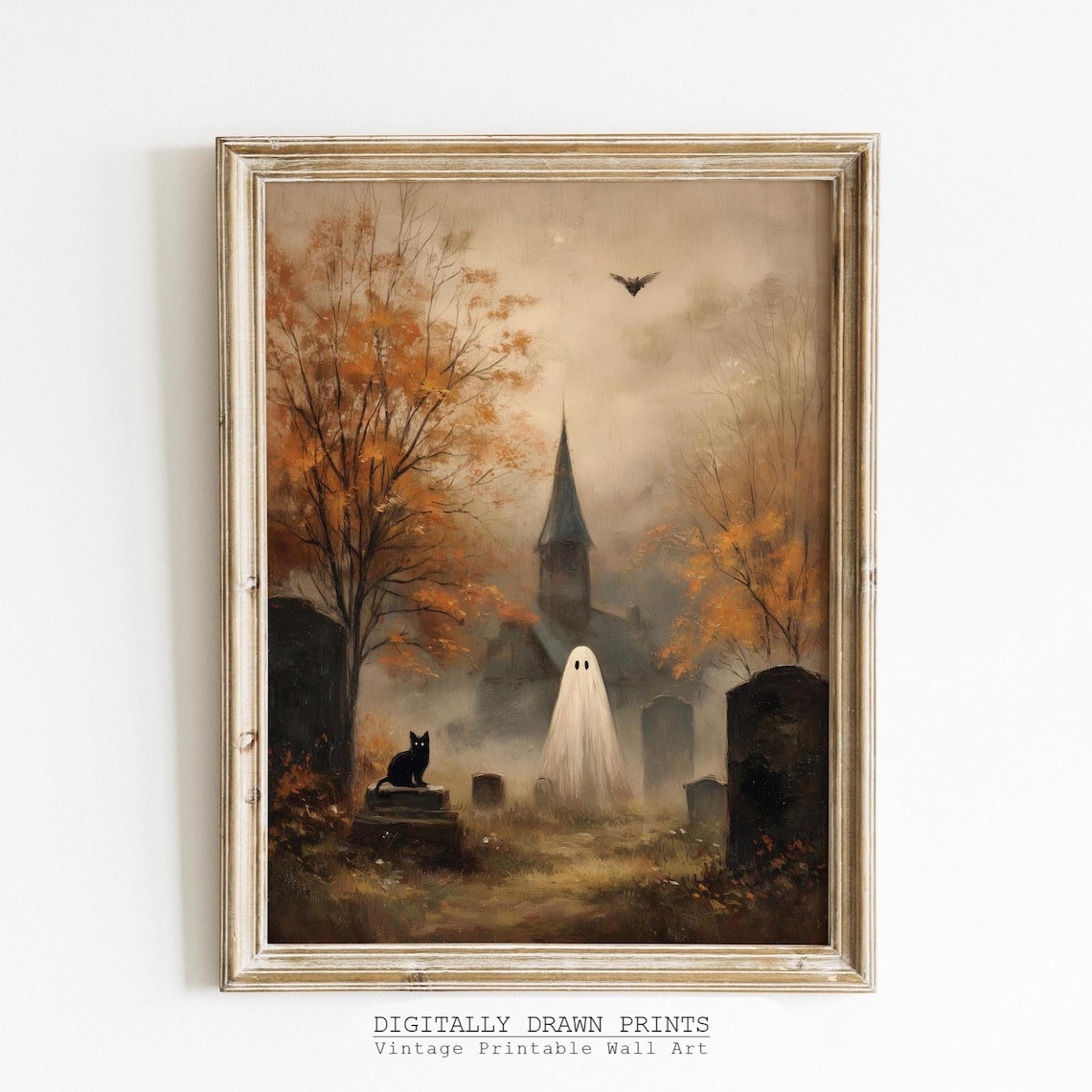 Cute Halloween Graveyard Gothic Autumn Cat Art Print