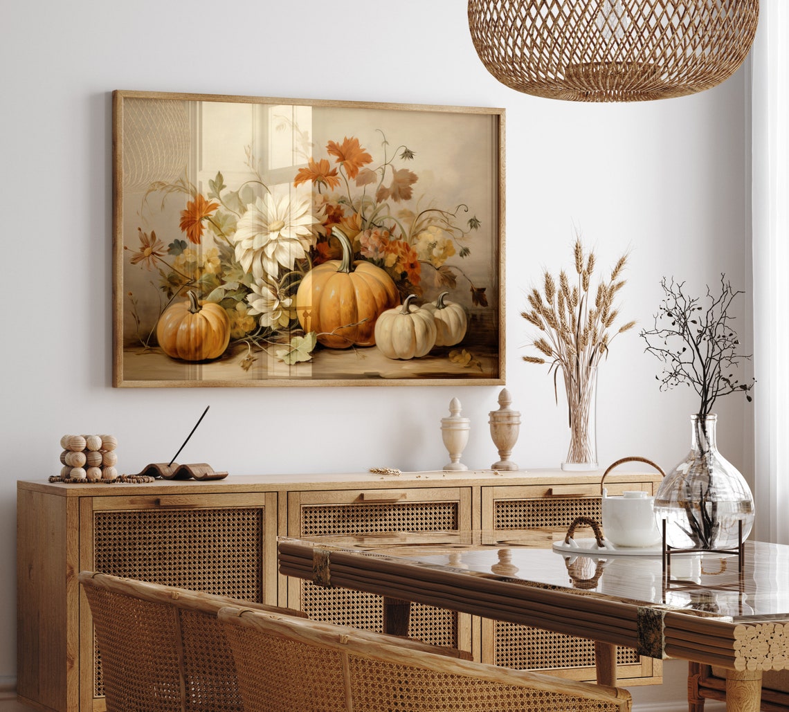 Vintage Fall Still Life Pumpkins And Wildflowers Rustic Harvest Poster - Image 3
