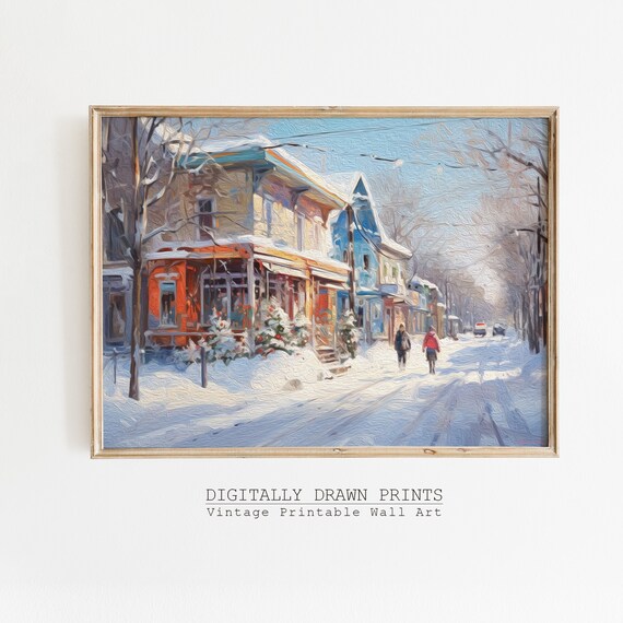 Snowy Winter Town Street Colorful Houses Holiday Oil Painting Wall Art