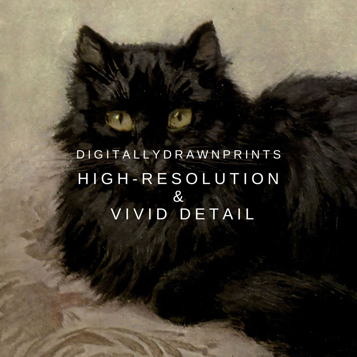 Antique Black Long Haired Cat Portrait Vintage Feline Painting Print - Image 2