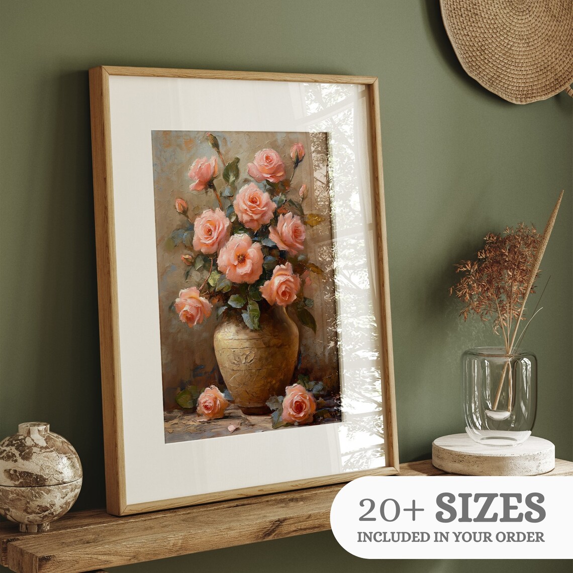 Pink Roses Golden Vase Vintage Floral Still Life Oil Painting Wall Art Print - Image 3