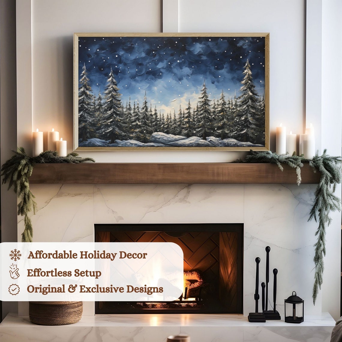 Snowy Pine Forest Night Sky Stars Winter Landscape Scene Poster - Image 3