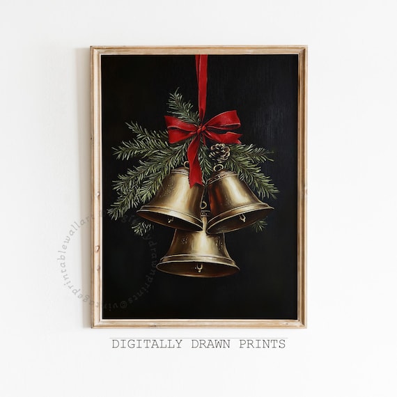 Vintage Christmas Bells Holiday Botanical Art Print