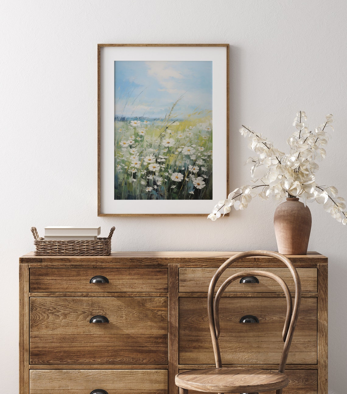 White Daisy Meadow Tall Grasses Pale Blue Sky Vintage Art Print - Image 2