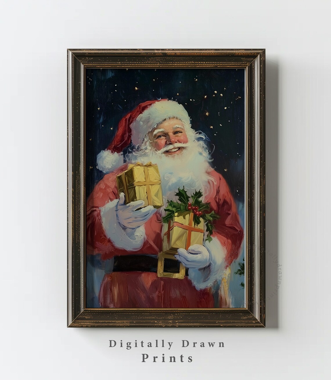 Smiling Santa Claus Holding Gold Gifts Vintage Oil Painting Poster - Image 5