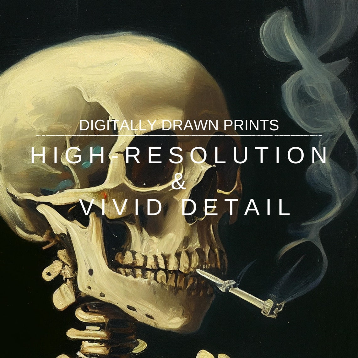 Van Gogh Skull With Burning Cigarette Skeleton Dark Academia Print - Image 3