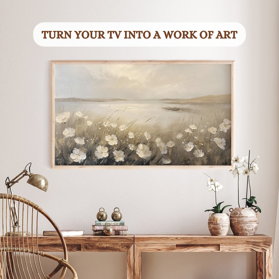 Neutral Beige Wildflowers Beach Dunes Soft Coastal Frame TV Art Print - Image 3