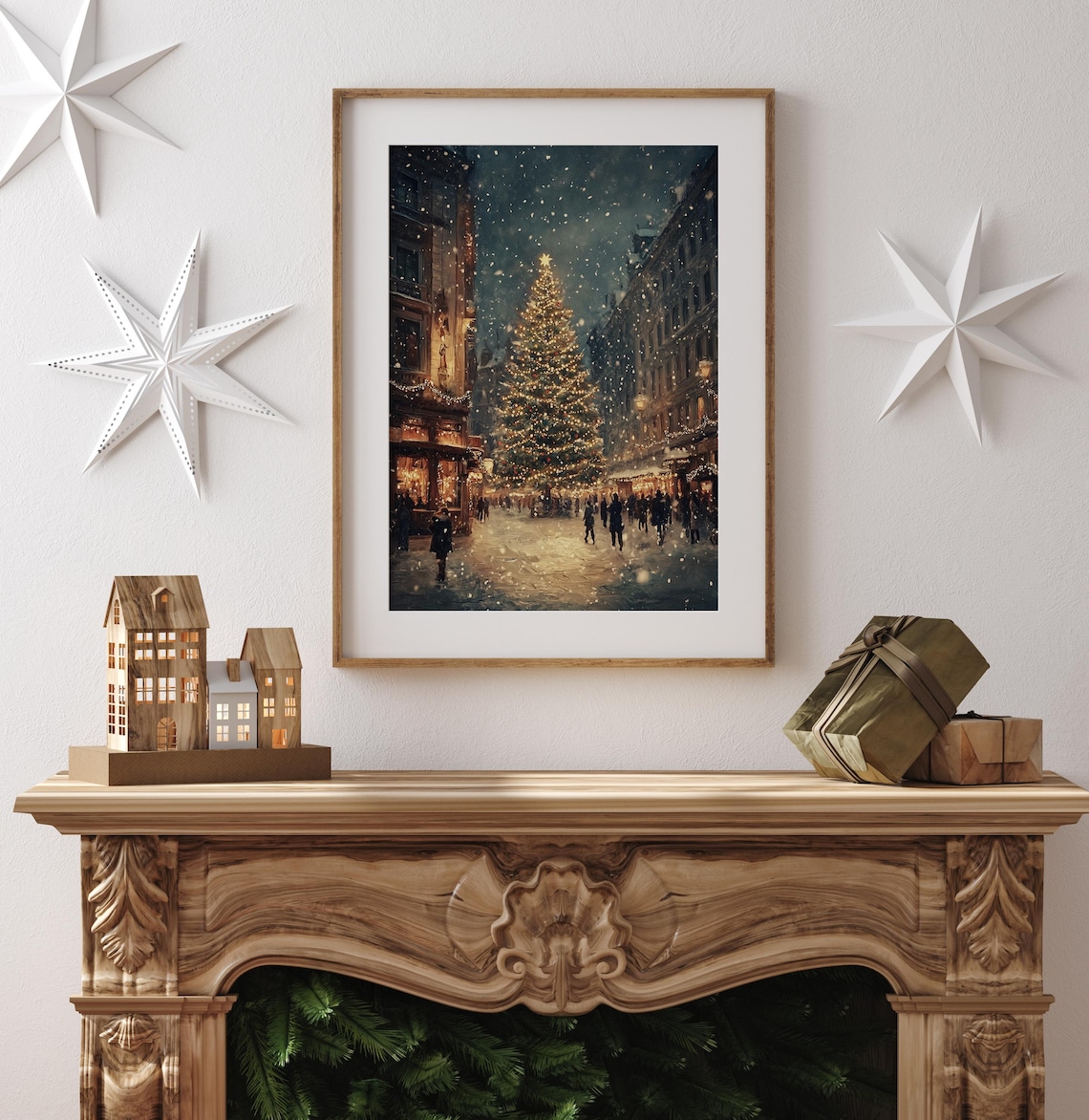 Rustic Christmas Village Landscape Art Print - Image 4