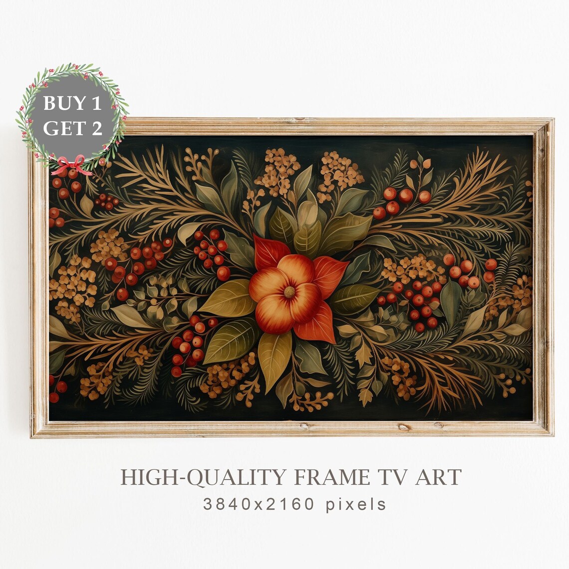 Christmas Frame Tv Art Vintage Christmas Rosemaling Art Scandinavian Christmas Decor Floral Holiday Painting Tv Art