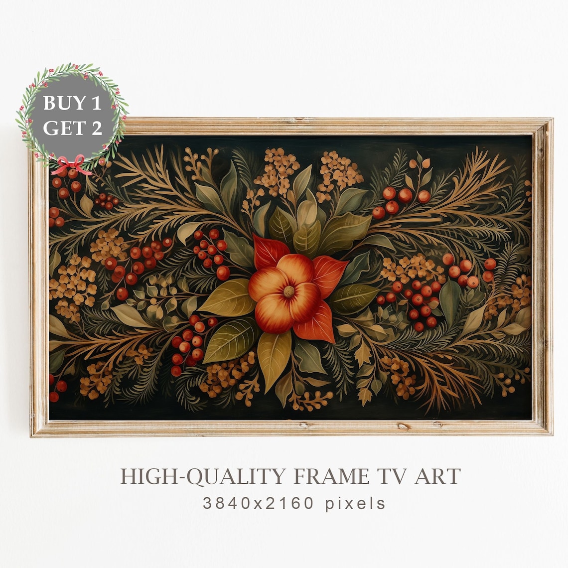 Scandinavian Rosemaling Floral Red Flower Folk Holiday Art Poster