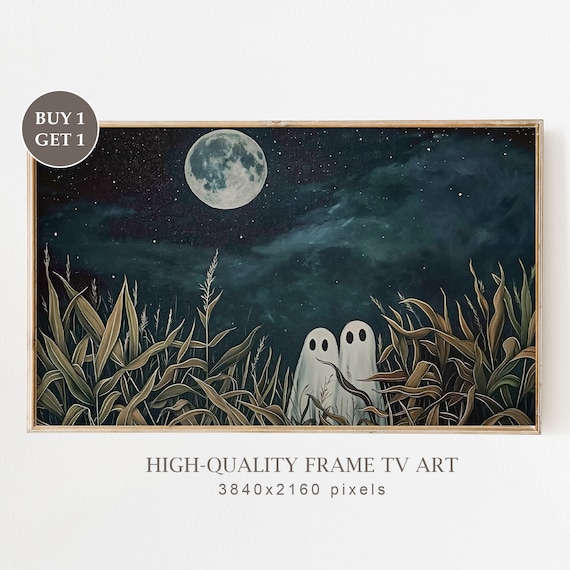 Two Cute Ghosts Moonlit Grass Field Starry Night Sky Halloween Poster