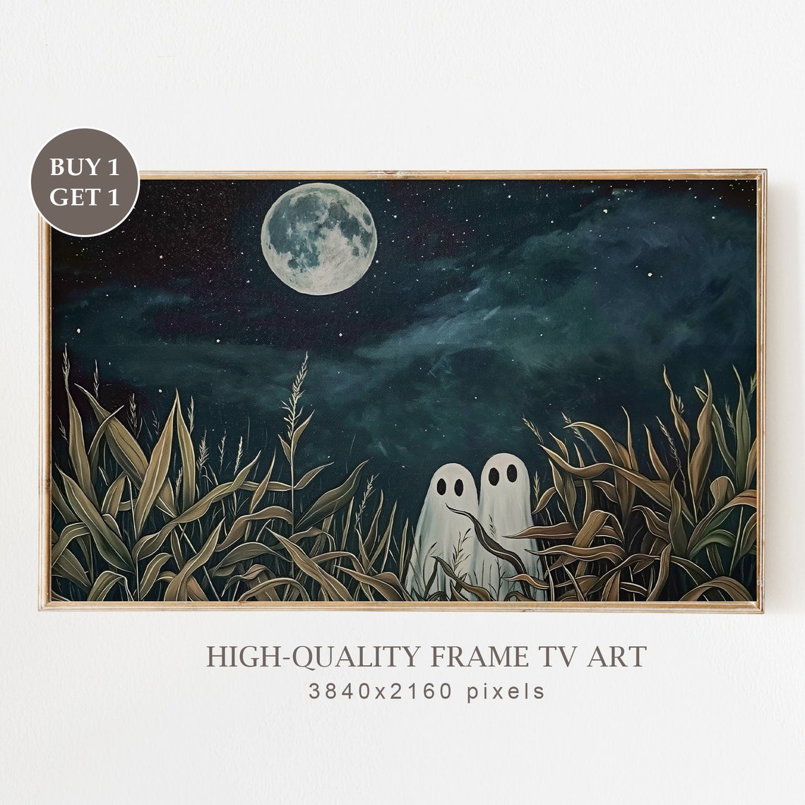 Two Cute Ghosts Moonlit Grass Field Starry Night Sky Halloween Poster