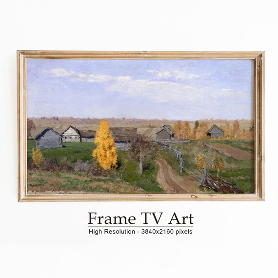 Autumn Village Golden Birch Trees Rustic Countryside Oil Painting Poster