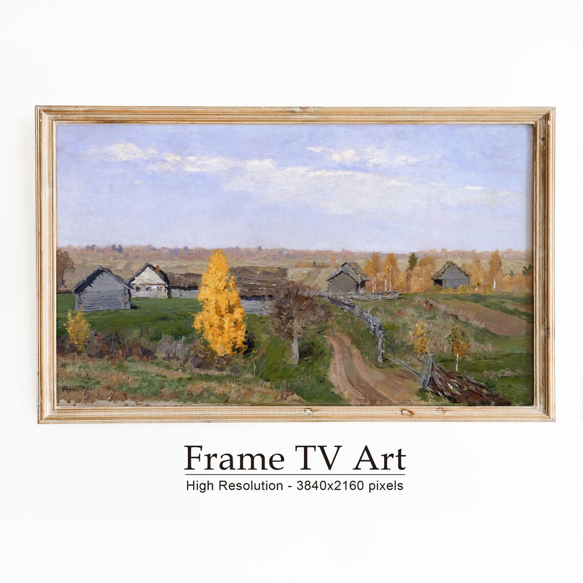 Autumn Village Golden Birch Trees Rustic Countryside Oil Painting Poster