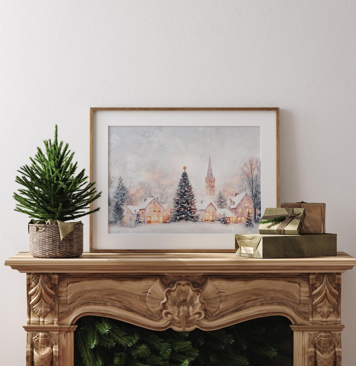 Neutral Christmas Village Art Print, Winter Church Scene - Image 3