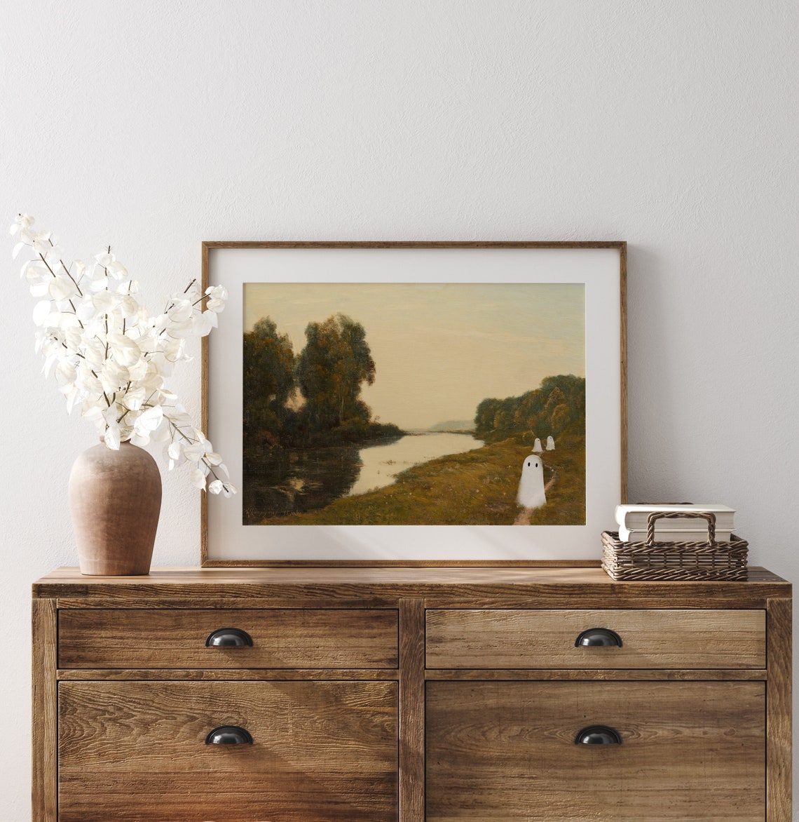 Cute Ghosts by River at Sunset Vintage Landscape Halloween Art Poster - Image 3