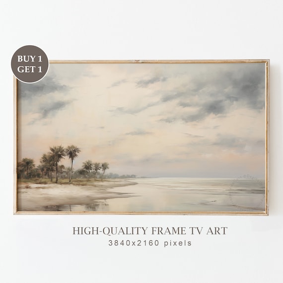 Soft Sunrise Palm Beach Sandy Shore Cloudy Sky Neutral Coastal Art Poster