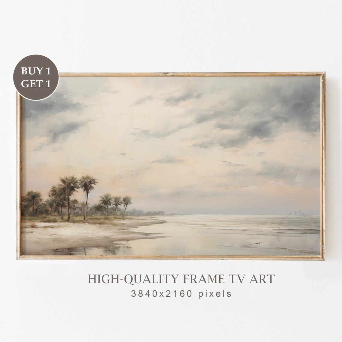 Soft Sunrise Palm Beach Sandy Shore Cloudy Sky Neutral Coastal Art Poster